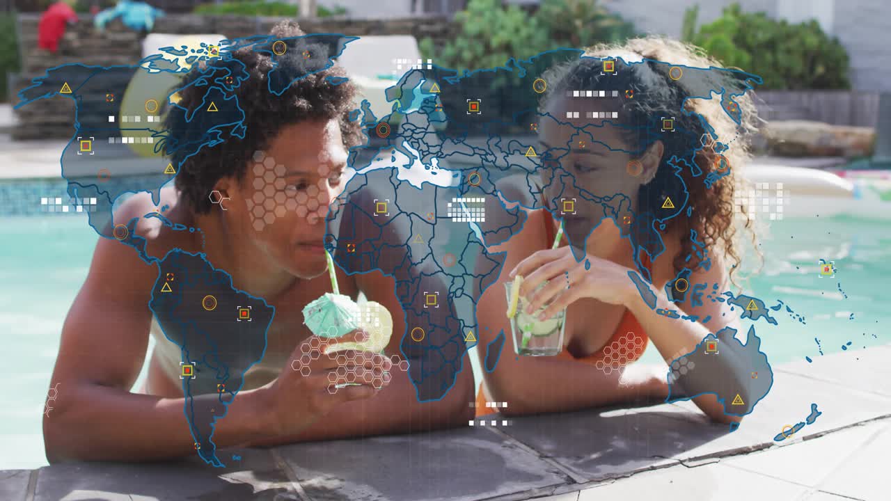 Man and woman reclining pool edge, clinking drinks, HUD map fading in and tracking marketing data