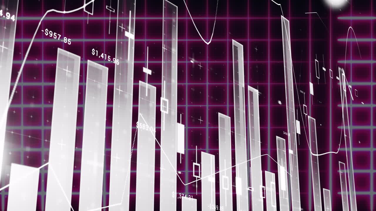 Animation of rising bar graphs and line charts over digital grid background