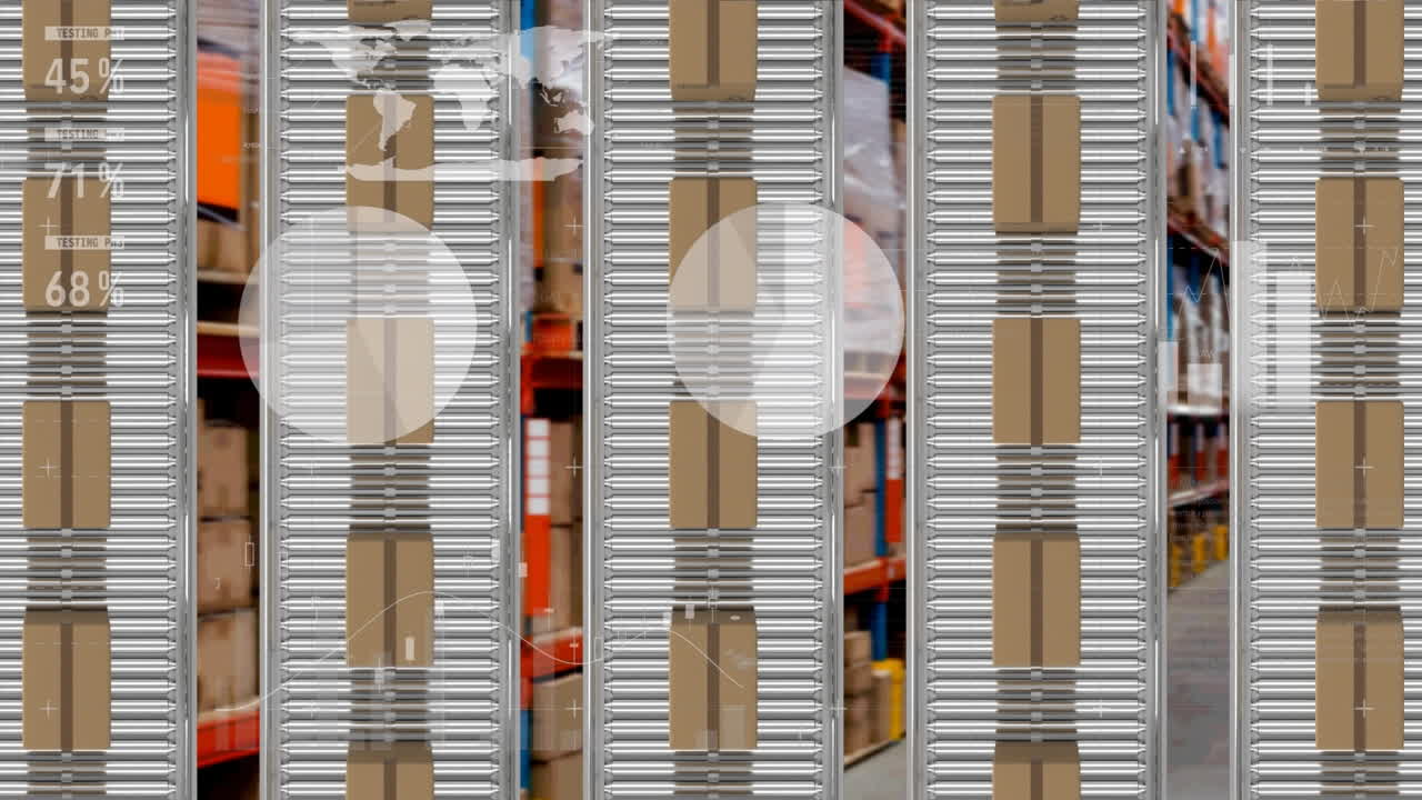 animación del procesamiento de estadísticas sobre cajas de cartón en cintas transportadoras en el fondo