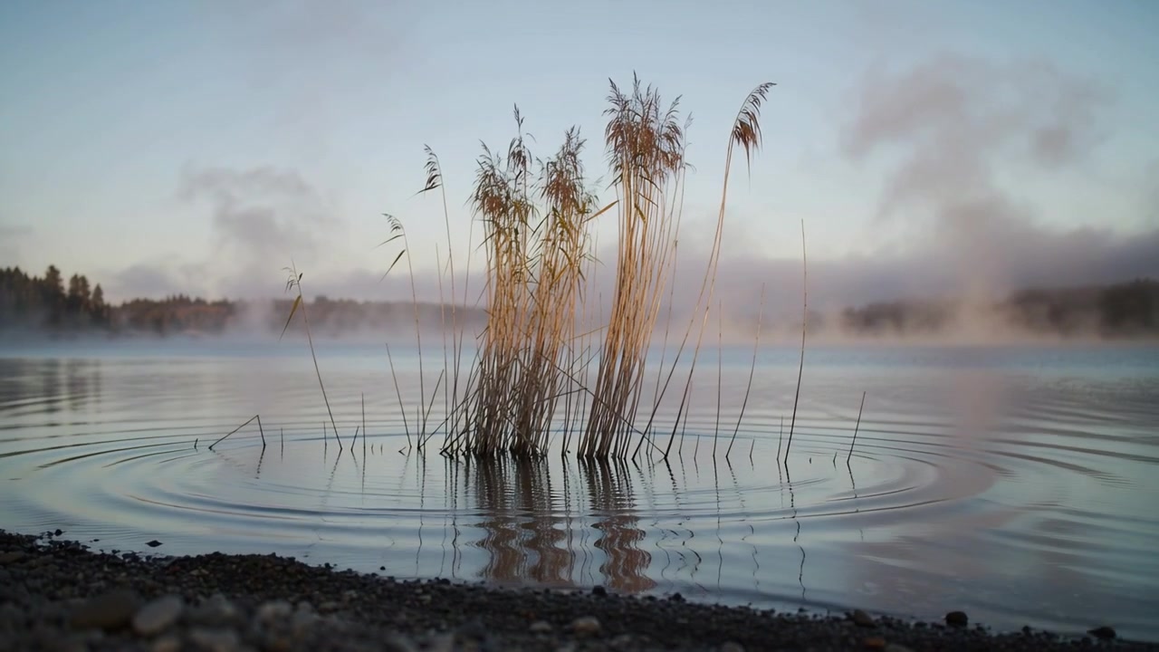 Generating concentric ripples, disturbance at reeds base rippling across misty shallow shore