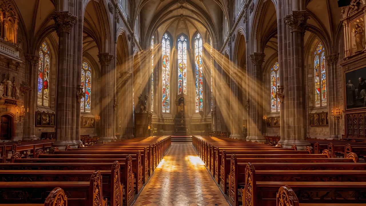 Gothic cathedral interior unfolding in nave, with sunbeams streaming through stained glass windows
