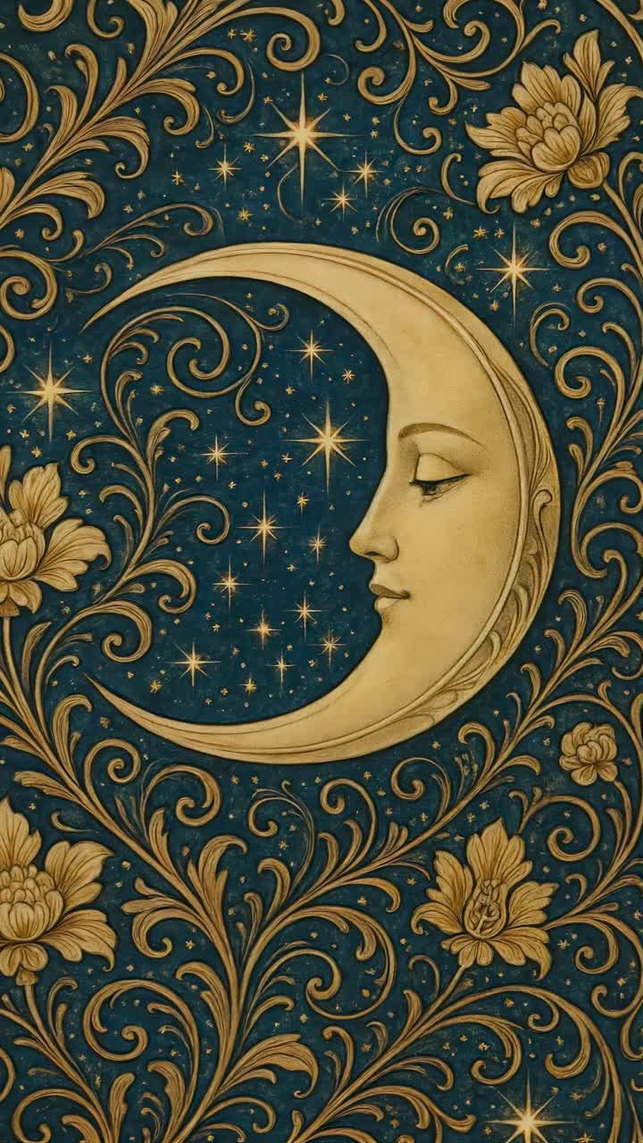 Ornate crescent moon with a serene face surrounded by floral patterns and stars