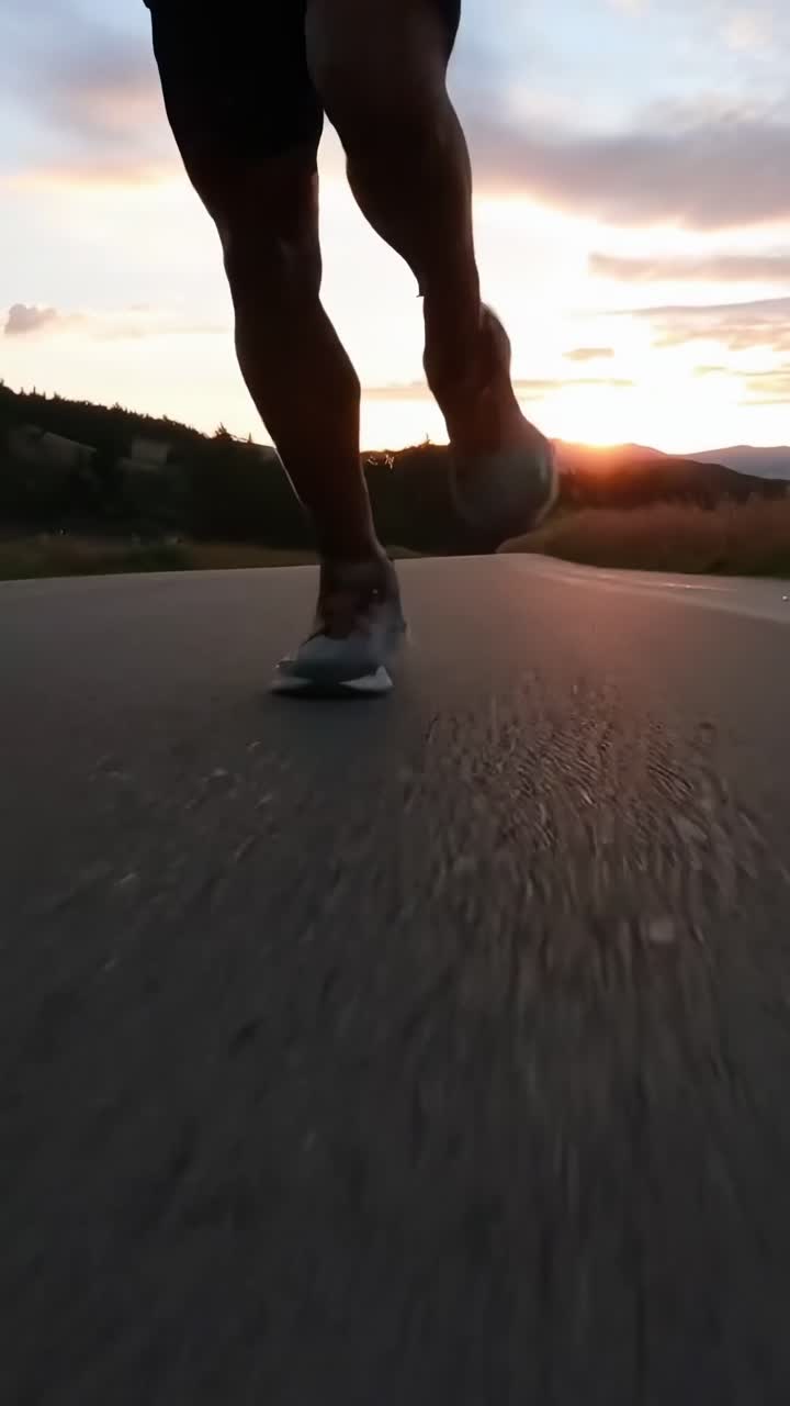 Low-angle video of a runner's legs on a road at sunset, capturing motion and determination