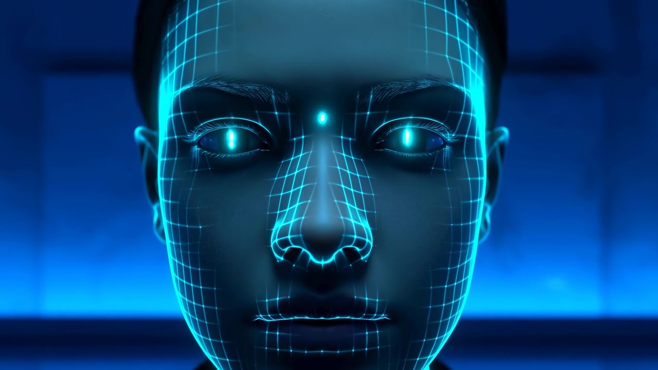 Un sistema di riconoscimento facciale scansiona e analizza i tratti del viso in un ambiente digitale con uno sfondo blu, offrendo una prospettiva futuristica e tecnologica. Il sistema visualizza una 'f'.