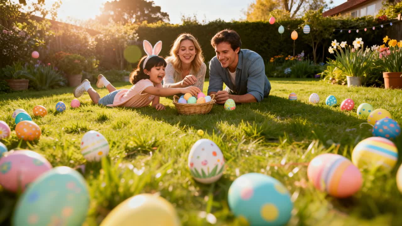 裏庭でウサギの耳をつけた子供が卵を集める中、親がイースターエッグを籐のかごに優しく入れていく。