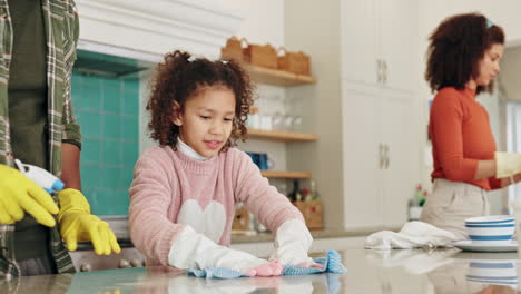 family cleaning the kitchen together