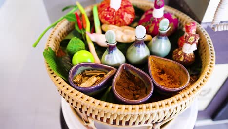 colorful spa items arranged in a woven basket