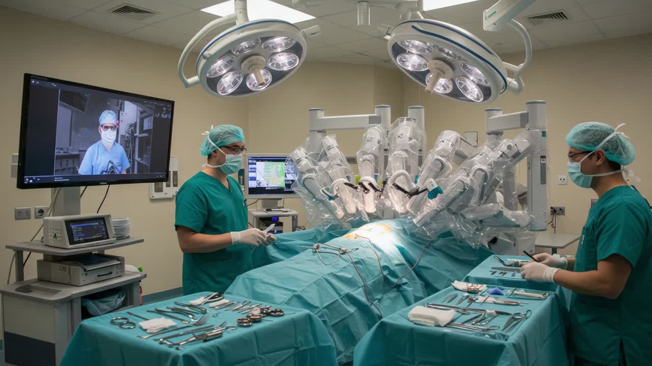 Robotic Surgery in Action: Surgeons Collaborate in an Advanced Operating Room with State-of-the-Art Technology and Equipment During a Surgical Procedure