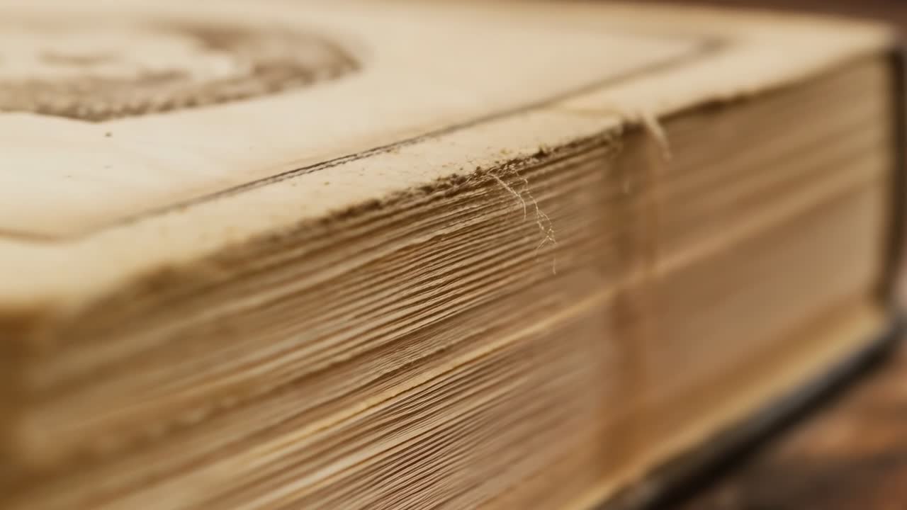Spostamento della messa a fuoco della camera su un libro vintage su un tavolo di legno, evidenziando la rilegatura cucita e i bordi irregolari