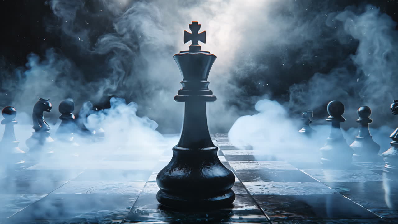 A chess board with a king in the middle surrounded by other pieces. The king is surrounded by a foggy atmosphere