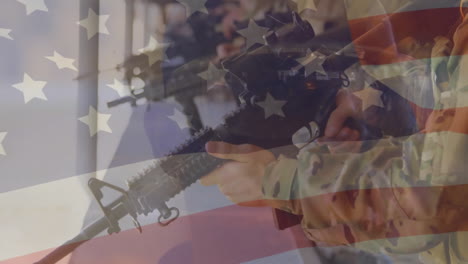 animation of flag of usa over caucasian male soldiers using rifle