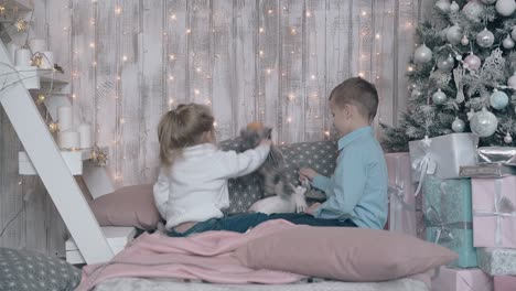 little boy and girl in sweaters play with toys on cozy sofa