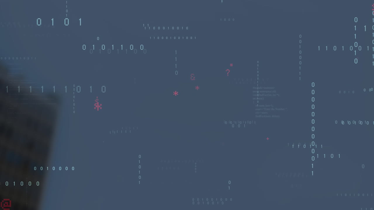 Abstract binary code being animated on gray backdrop, featuring floating digits and red symbols