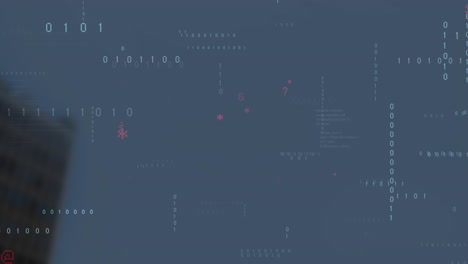 abstract binary code being animated on gray backdrop, featuring floating digits and red symbols