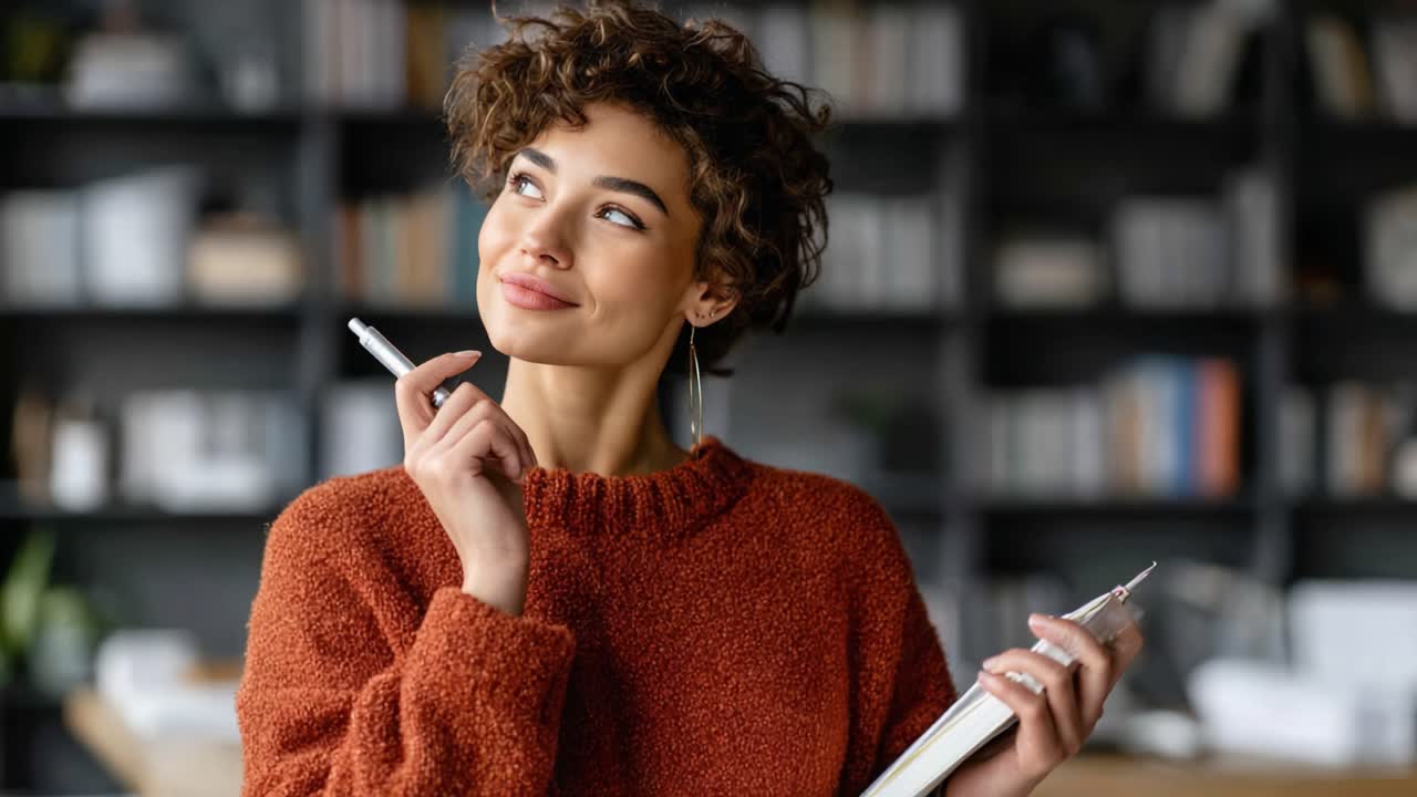 Contemplative Young Woman in Cozy Sweater Holding Pen and Notebook, Deep in Thought with a Thoughtful Expression in a Modern Indoor Environment