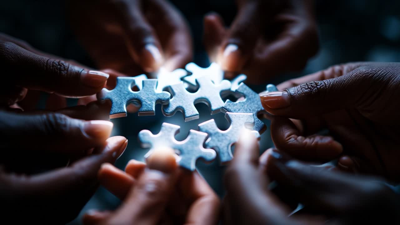 Hands Collaborating to Connect Metal Puzzle Pieces, Symbolizing Teamwork, Unity, and Problem-Solving in a Collaborative Environment with Glowing Elements Emphasizing Engagement