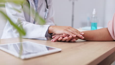 closeup, support and holding hands with doctor