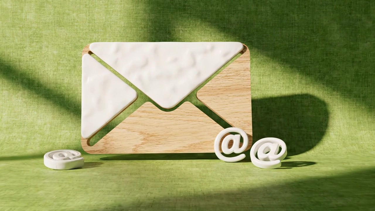 Concetto creativo di comunicazione digitale con una busta di legno con dettagli in argilla bianca e simboli di social media su uno sfondo tessile verde.