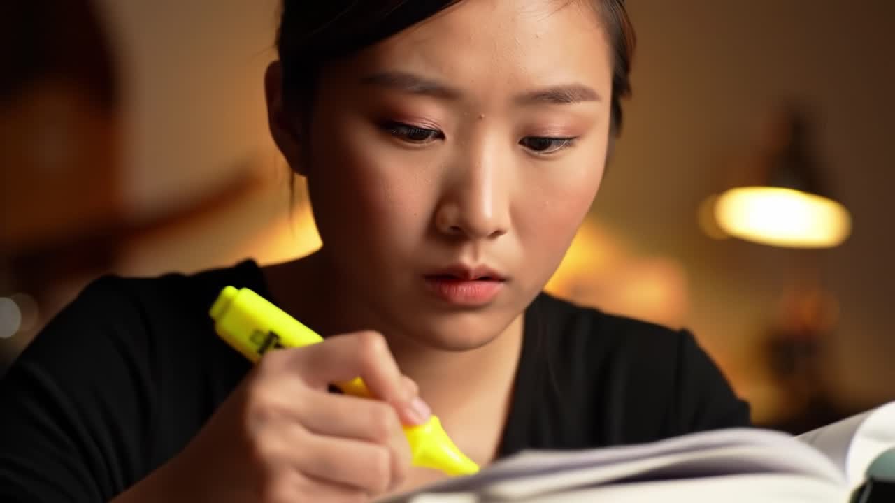 A Focused Student Highlighting Key Information While Studying Late at Night, Emphasizing Engagement with Educational Material and Concentration Techniques
