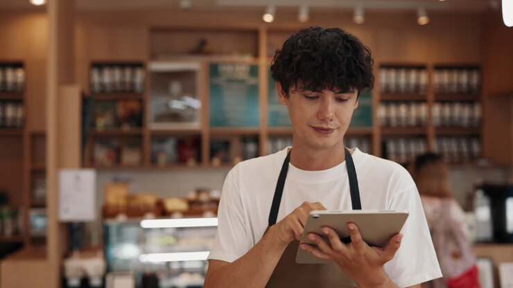 Man using tablet in a coffee shop
