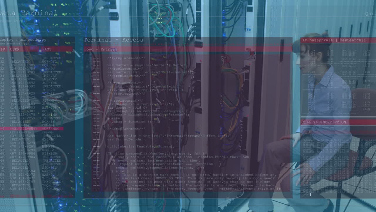 animación de ataque cibernético texto y procesamiento de datos sobre técnica informática caucásica por servidor