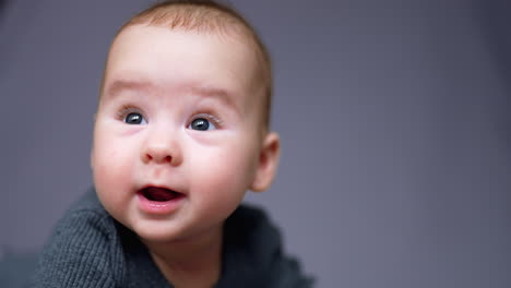 lovely little infant boy looking up. face portrait of a sweet caucasian boy with a beautiful smile. grey backdrop.
