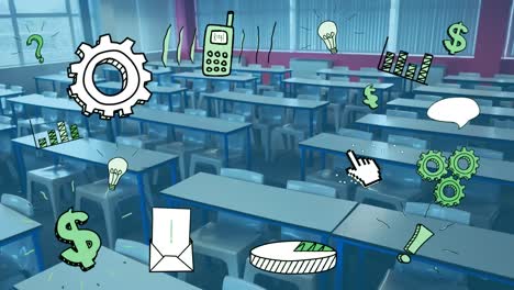 Animation-of-productivity-and-school-icons-over-classroom