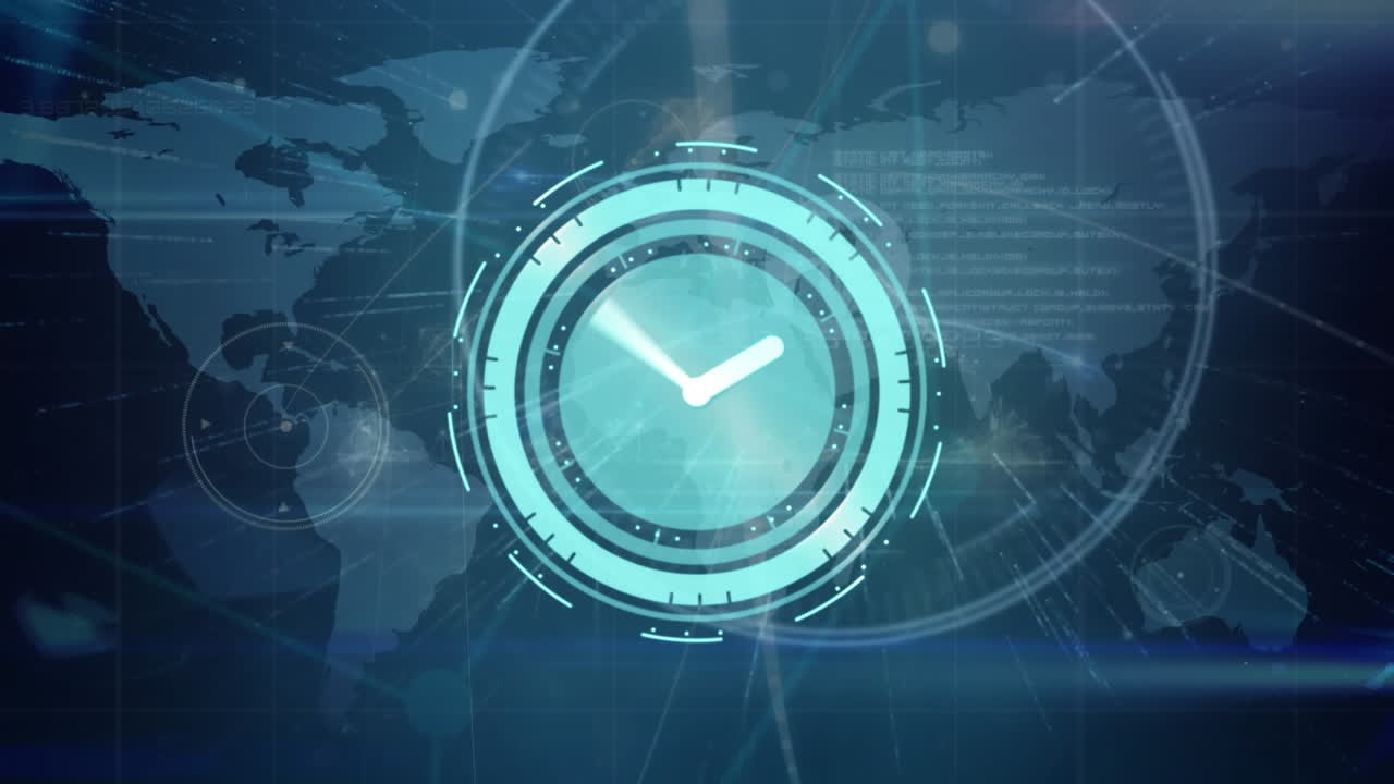 Animation of digital clock over connected dots and profile icon on map against blue background