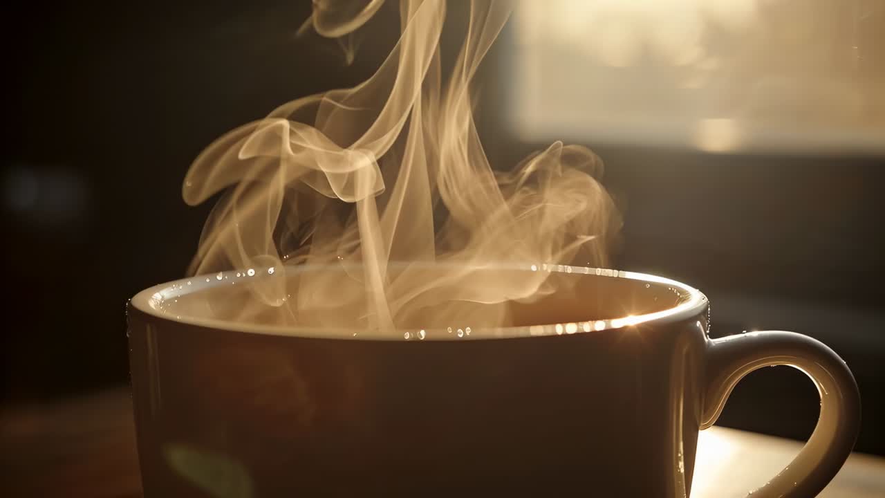 Vapor elevándose sobre una taza de cerámica marrón sobre una mesa cerca de una ventana luminosa, que se eleva desde una bebida caliente