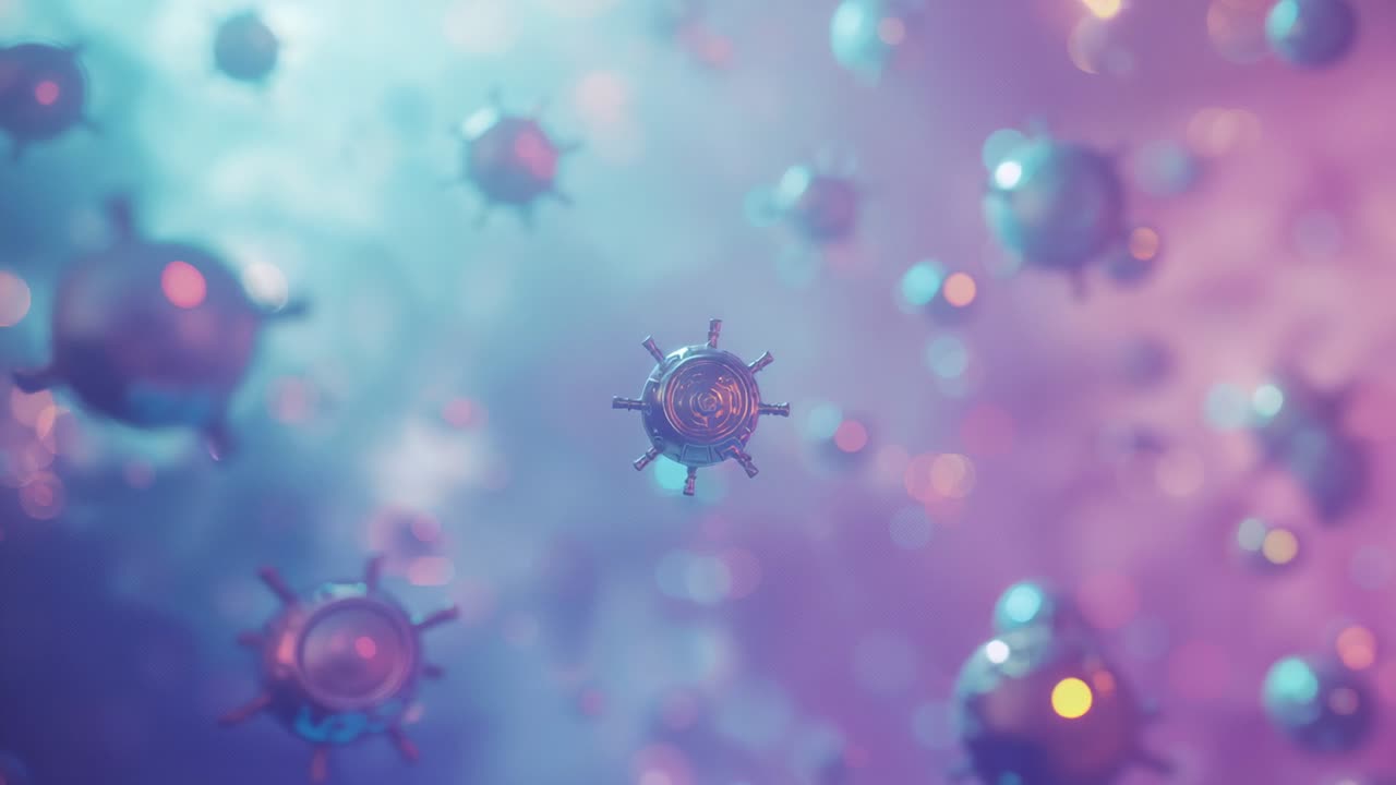 Drifting metallic spiked sphere rotating, pulsing core while camera zooming in violet cyan gradient