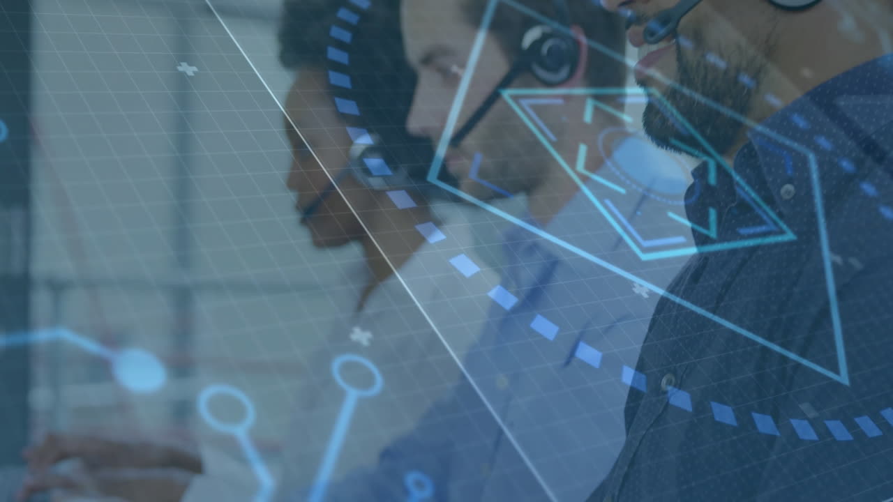 In office, business professionals analyzing data with digital interface and animation