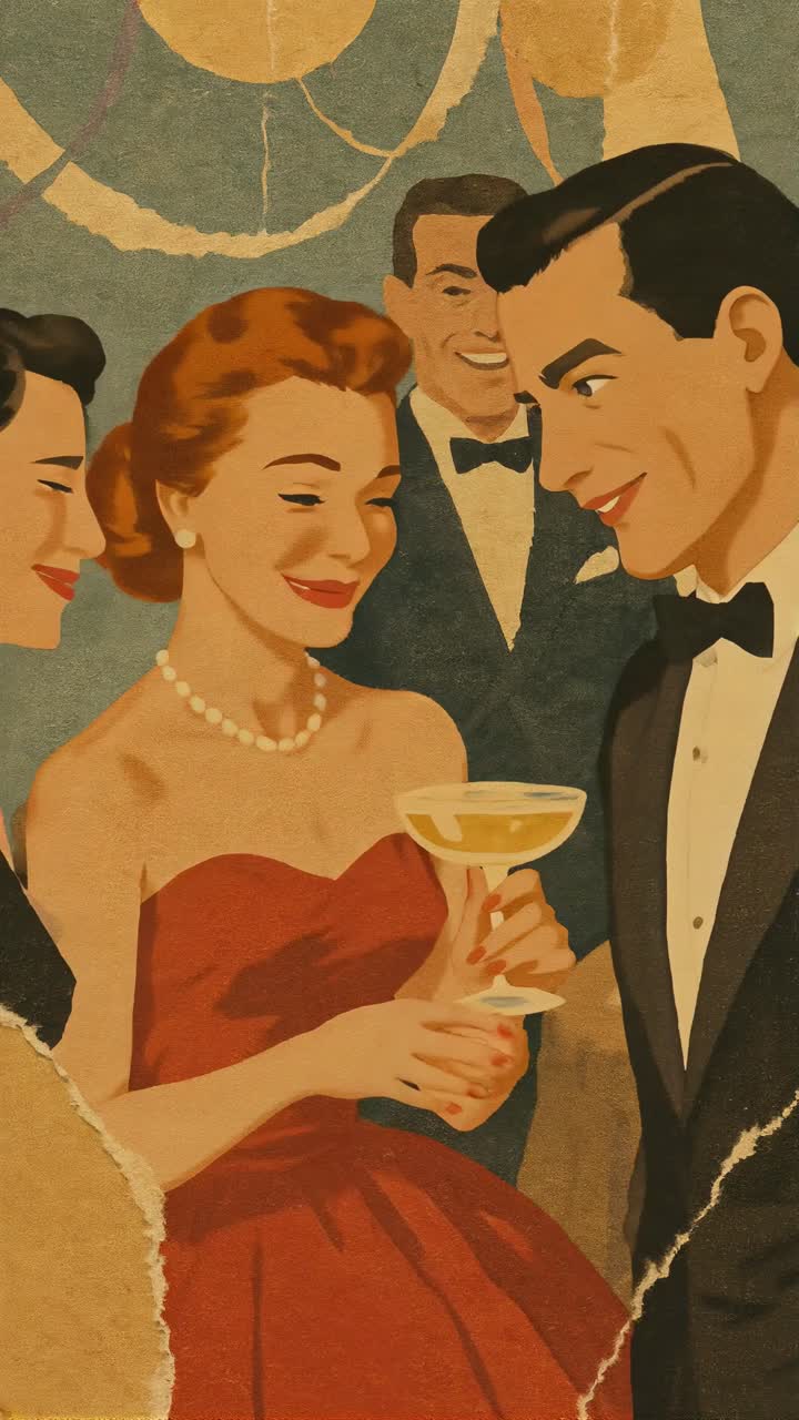 Illustration im Vintage-Stil einer lebhaften Party-Szene mit lächelnden Gästen in formeller Kleidung