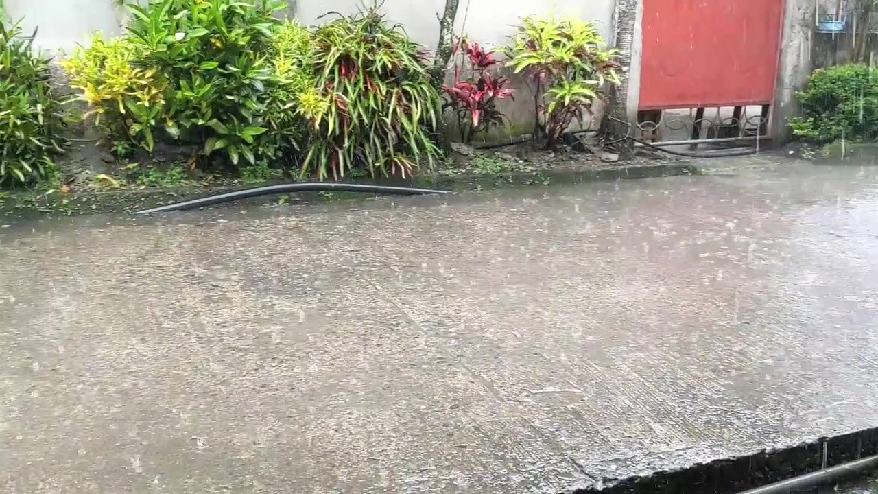 Lluvias tropicales muy intensas en una pequeña calle compacta en Bislig.