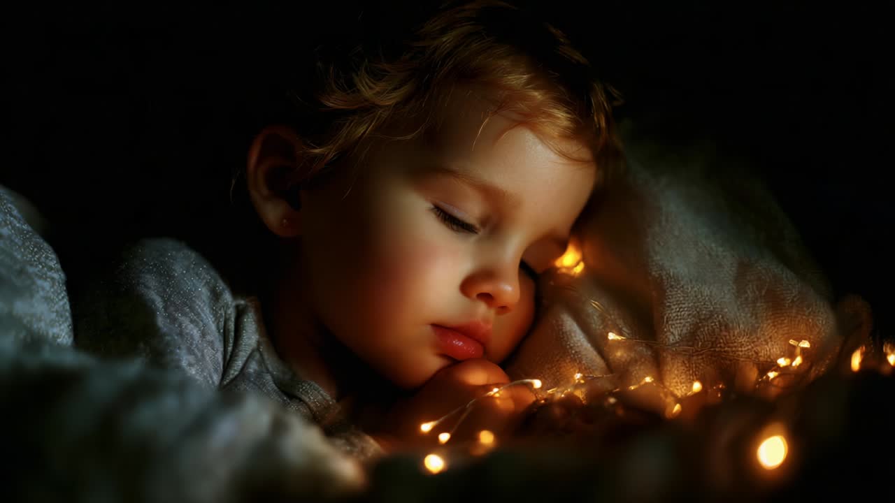 A Serene and Dreamy Portrait of a Sleeping Child Surrounded by Gentle Twinkling Lights, Capturing a Moment of Peace and Innocence Amidst a Soft, Cozy Atmosphere in a Dimly Lit Room