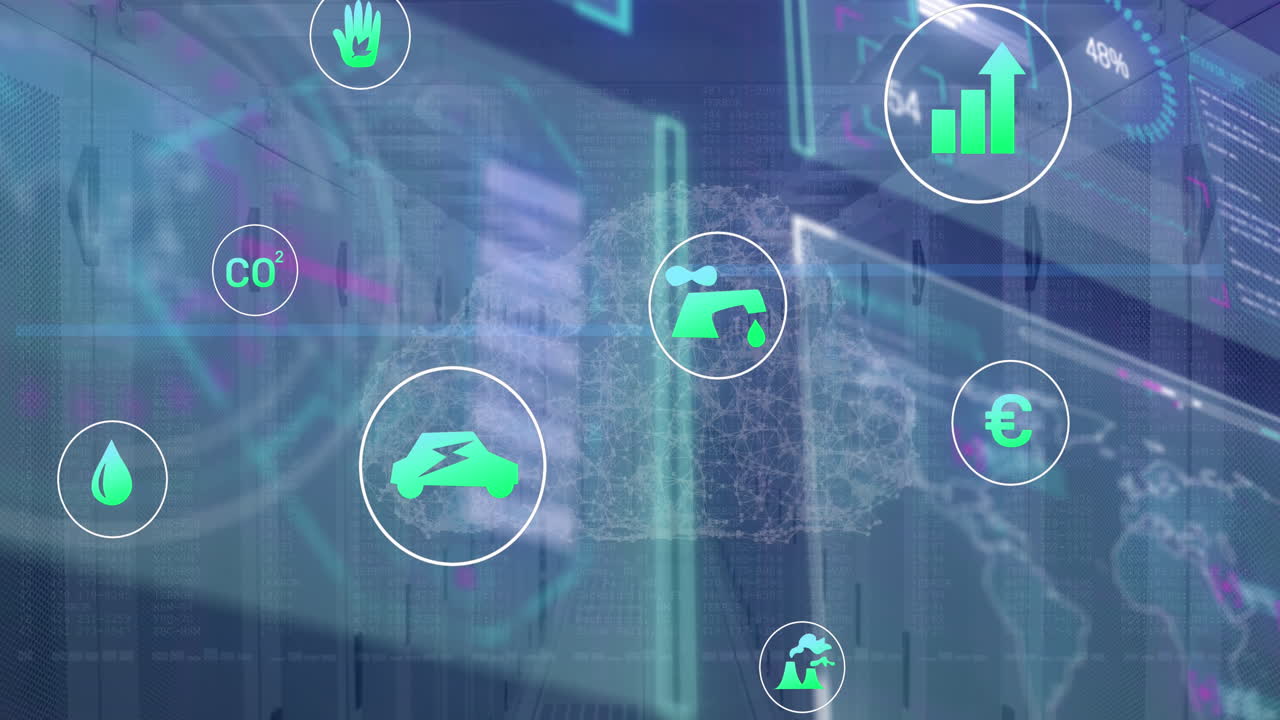 Animation of interface with data processing and multiple digital icons against computer server room