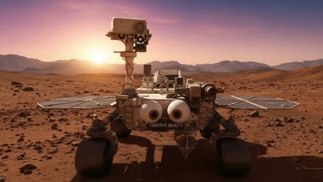 an intriguing look at a robotic mars rover prepares for scientific exploration under the stunning martian sunset