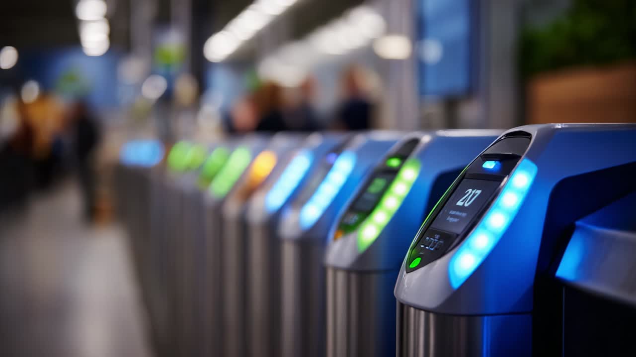 Modern Access Control System Featuring Digital Turnstiles with Illuminated Indicators for Efficient Crowd Management and Secure Entry in a Public Infrastructure