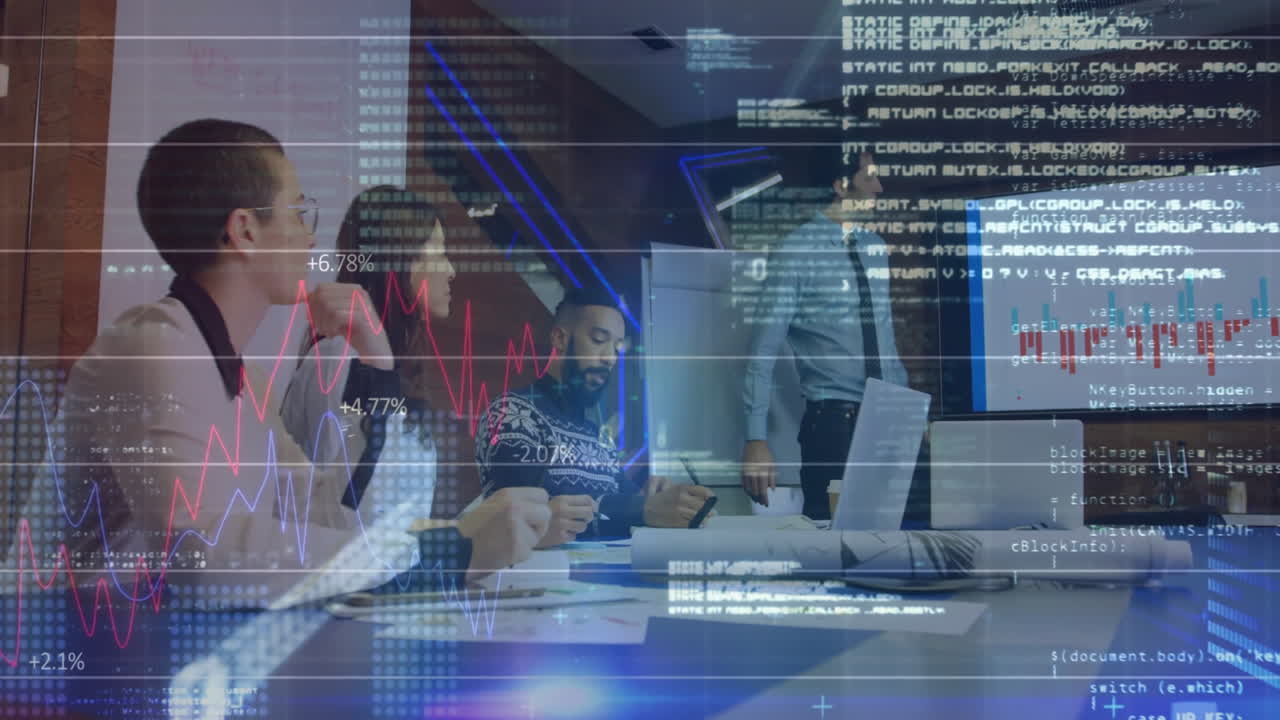 animación del procesamiento de datos sobre diversas personas de negocios que trabajan en la oficina