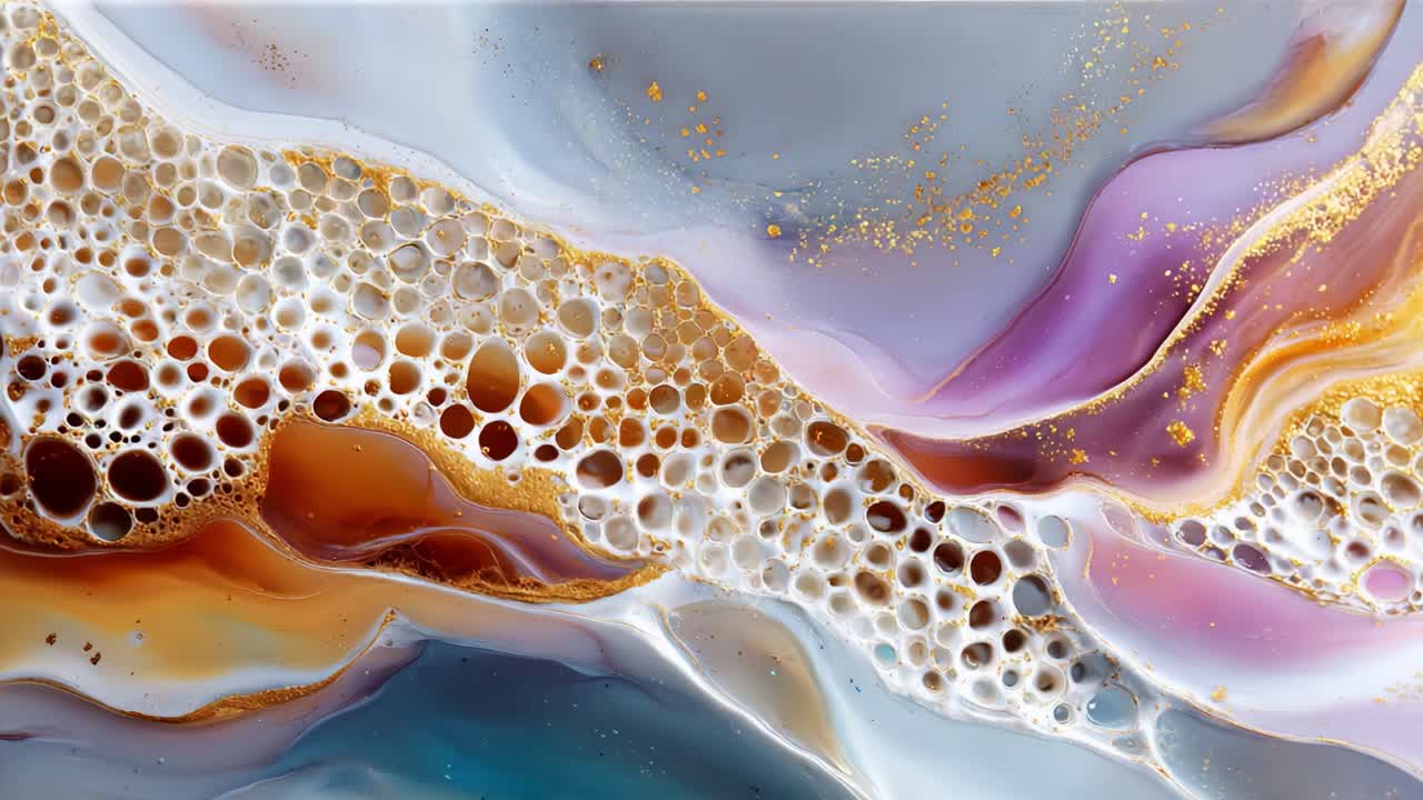Abstract Fluid Art: A Captivating Exploration of Colors and Textures in Layers of Swirling Shapes, Golden Accents, and Bubbly Patterns Creating a Dreamlike Landscape
