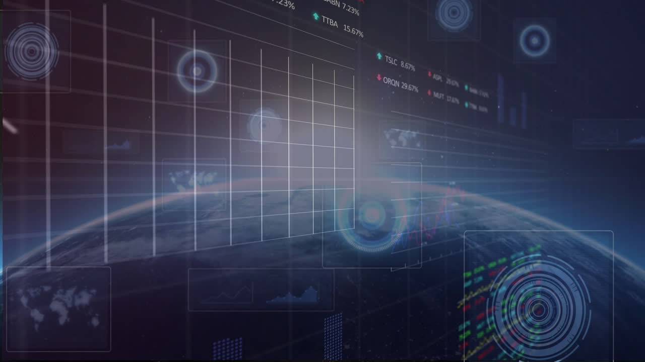 Animation of digital data and graphs overlaying Earth, illustrating global connections