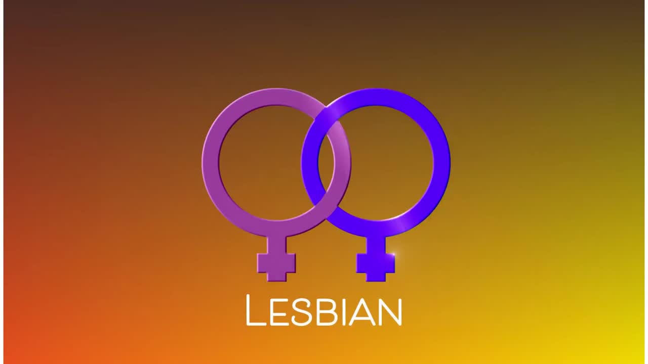 animación de símbolo lesbiano y texto en fondo naranja.