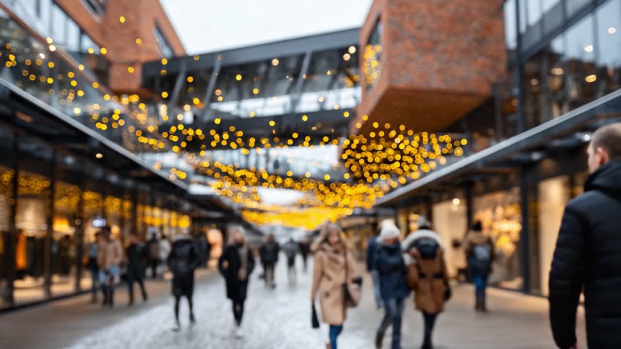 A Charming Winter Evening in a Vibrant Shopping District, Adorned with Twinkling Holiday Lights and Softly Falling Snow, Creating a Magical Atmosphere for Strolling Shoppers