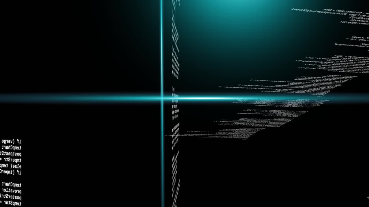 Animation of blue scanner beams over text data processing on dark background