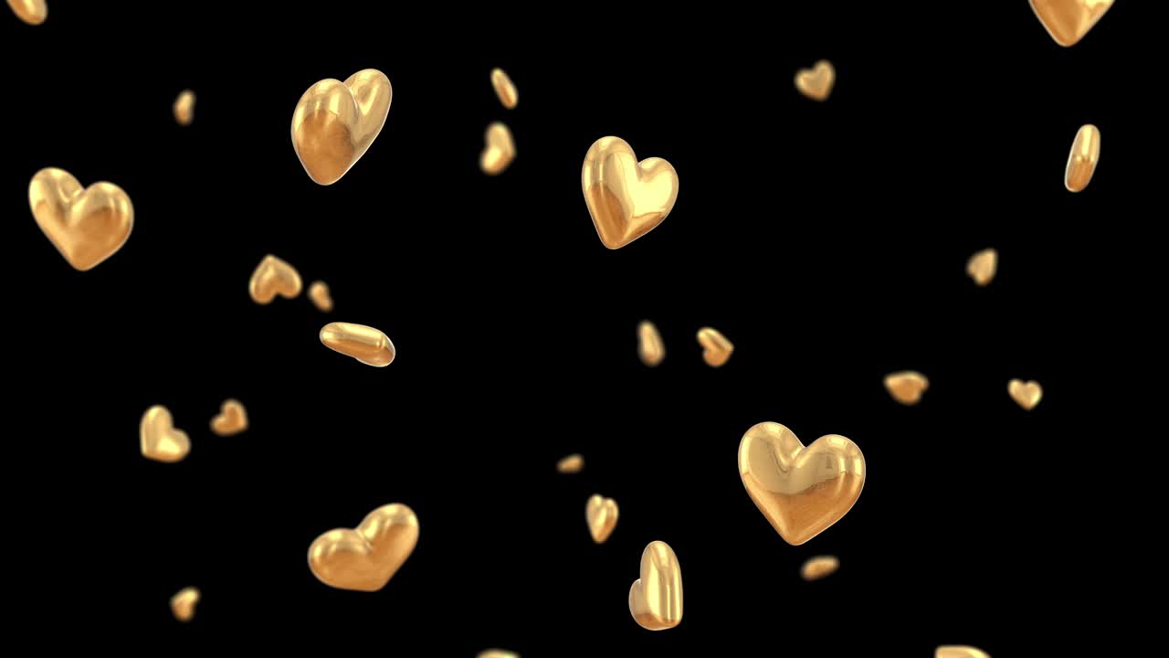 알파 매트와 함께 떨어지는 황금 3d 심장 루프