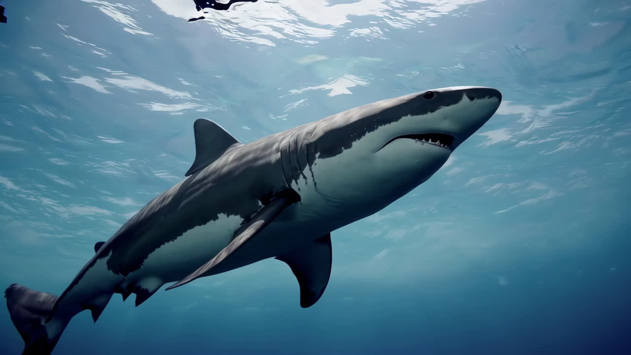 gran tiburón blanco nadando bajo el agua