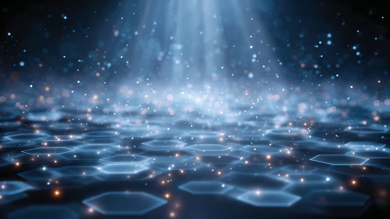 Ethereal Hexagonal Patterns Shimmering Under Radiant Light in an Enigmatic Blue Atmosphere, Capturing a Mysterious and Captivating Visual Experience