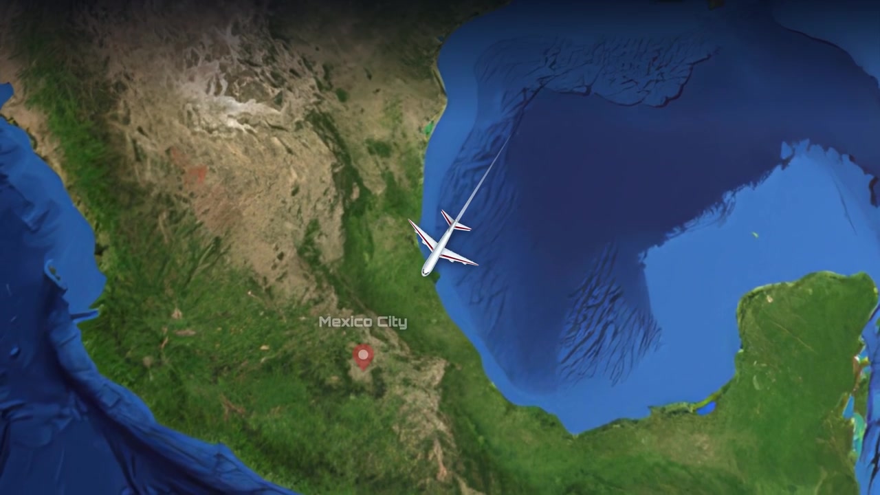 Un avión comercial vuela a través de Norteamérica de Toronto a Ciudad de México sobre la Tierra vista por satélite.