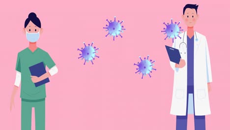 animation of blue coronavirus cells moving over female and male doctor on pink background