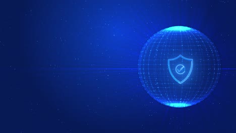 globe digital grid shield icon floats at center highlighting global protection cybersecurity