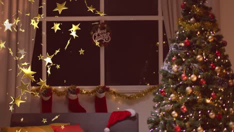 Animation-of-christmas-stars-falling-over-window-and-christmas-tree